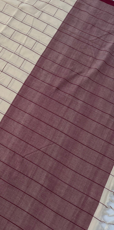 ShopNaya Exclusive | Handwoven | Contemporary Pure Cotton Saree | No Blouse | Off-White & Red | Handloom Mark | Ships from California